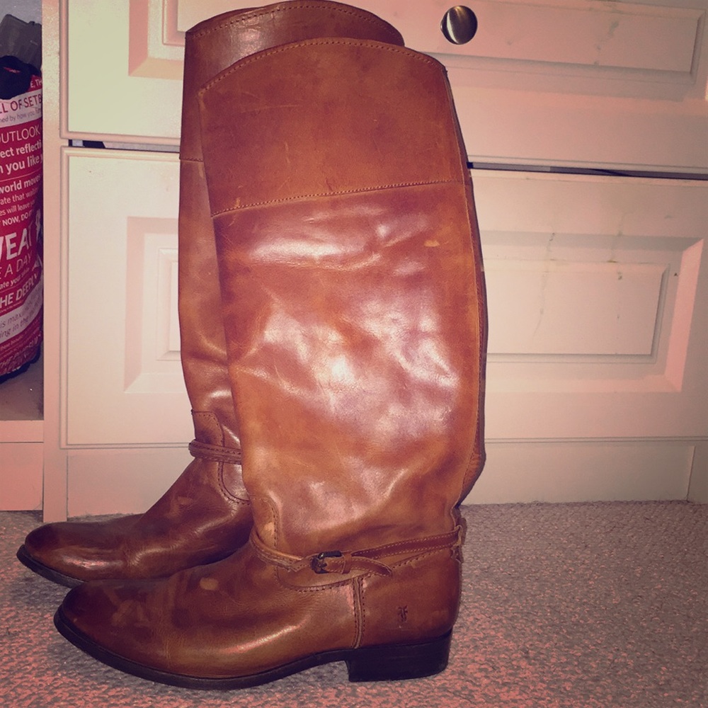 Tan Frye leather boots